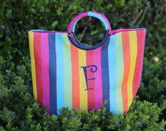 Monogrammed Rainbow Tote | Monogrammed Rainbow Striped Straw Tote | Shiraleah Monogrammed Tote with Circle Handles