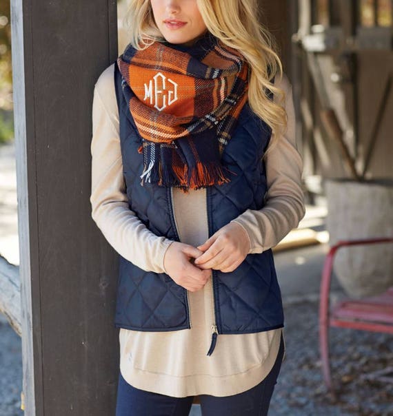 Monogrammed Plaid Blanket Scarf Navy and Orange Plaid