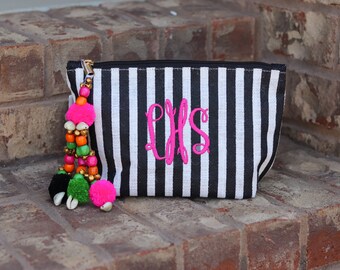 Monogrammed Stripe Zipper Pouch | Monogrammed Striped Cosmetic Bag | Shiraleah Striped Monogrammed Zipper Bag with Pom Poms