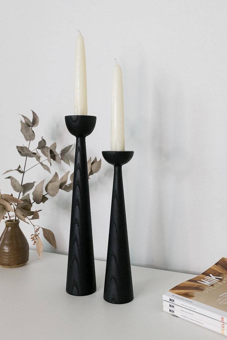 Victoria Black Ash set of 2 Handturned Minimalist Wood Candlestick Candle holder Mid-century Scandinavian Slow design Hygge Simple image 2