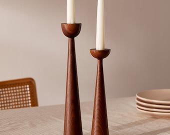 Victoria Walnut set of 2 Handturned Minimalist Wood Candlestick Candle holder Hygge Scandinavian Mid-Century Modern Mother's Day Handmade
