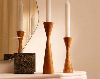 Lot de 2 bougeoirs en bois tourné à la main en chêne Bishop, décoration scandinave minimaliste, moderne, fête des mères, hygge, simple