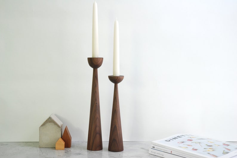 Victoria Walnut set of 2 Handturned Minimalist Wood Candlestick Candle holder Hygge Scandinavian Mid-Century Modern Mother's Day Handmade image 8