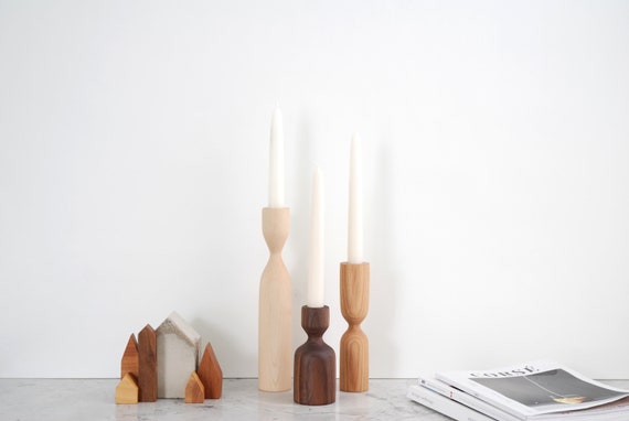 Scandinavian Trio Handturned Minimalist Wood Candlestick Candle