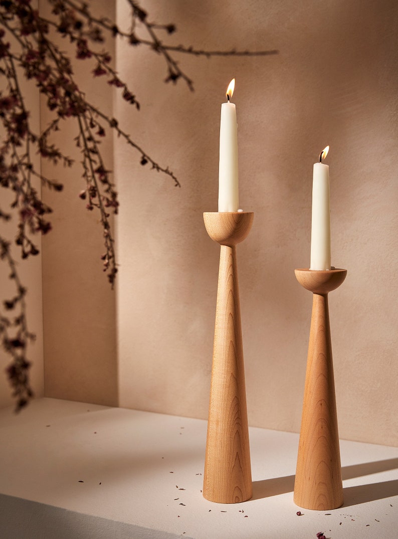 Victoria Maple set of 2 Handturned Minimalist Wood Candlestick Candle holder Mid-century Modern Scandinavian Mother's Day Hygge Simple image 1