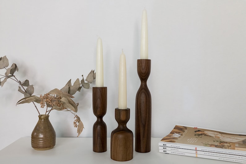 Scandinavian Set of 3 Walnut Minimalist Wood Candlestick Candle holder Minimalist Scandinavian Decorations Modern Slow design Hygge Simple image 3