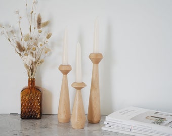 Ensemble de 3 chandeliers en bois minimalistes tournés à la main, porte-bougie en bois d'érable, scandinave minimaliste, Hygge Simple, Portabella