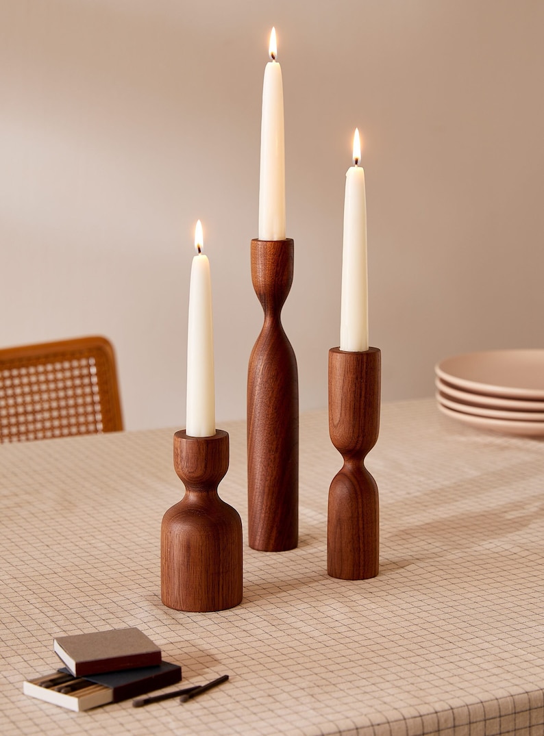 Scandinavian Set of 3 Walnut Minimalist Wood Candlestick Candle holder Minimalist Scandinavian Decorations Modern Slow design Hygge Simple image 1