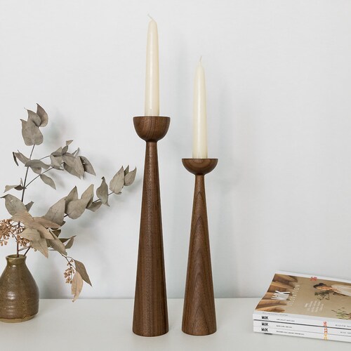 Victoria Walnut set shops of 2 Handturned Minimalist Wood Candlestick Candle holder Hygge Scandinavian Mid-Century Modern Mother's Day Handmade