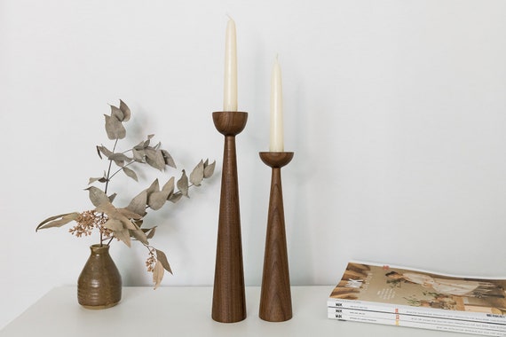 Victoria Walnut Set of 2 Handturned Minimalist Wood Candlestick