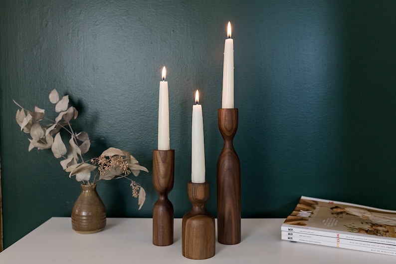 Scandinavian Set of 3 Walnut Minimalist Wood Candlestick Candle holder Minimalist Scandinavian Decorations Modern Slow design Hygge Simple image 2