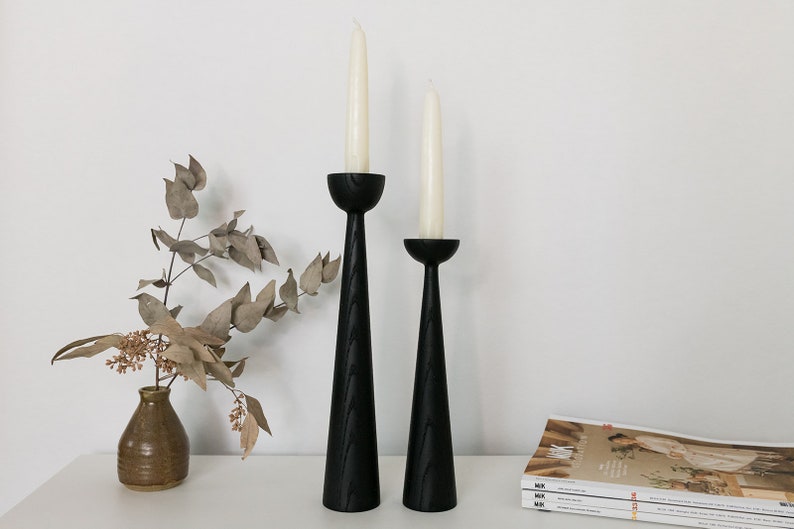 Victoria Black Ash set of 2 Handturned Minimalist Wood Candlestick Candle holder Mid-century Scandinavian Slow design Hygge Simple image 1