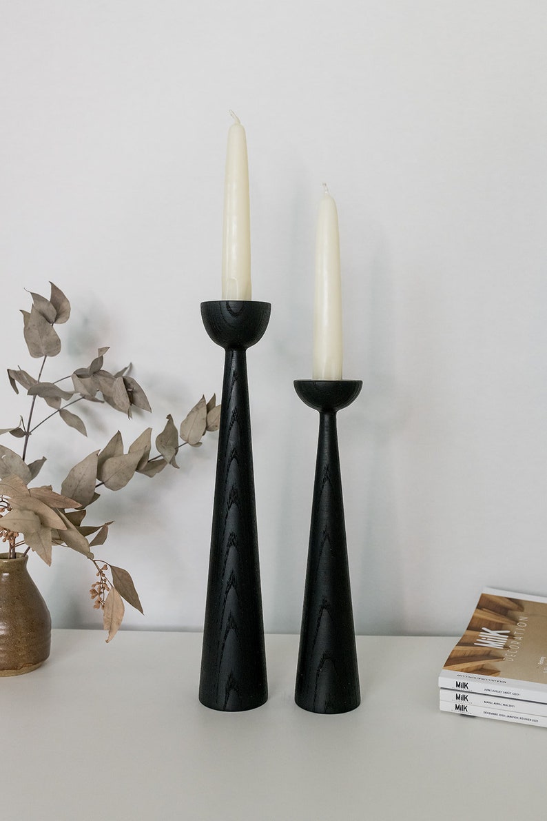 Victoria Black Ash set of 2 Handturned Minimalist Wood Candlestick Candle holder Mid-century Scandinavian Slow design Hygge Simple image 6