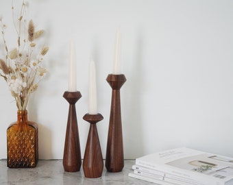 Set of 3 Handturned Minimalist Wood Candlestick, Walnut Wood Candle Holder, Minimalist Scandinavian, Hygge Simple, Portabella