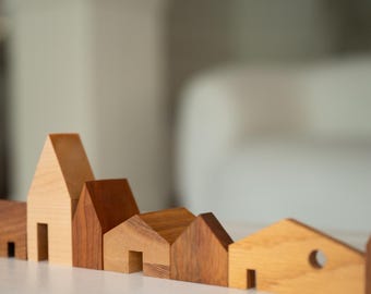 Handcrafted Wooden Village Set – Minimalist & Modern Farmhouse Decor | 11-Piece Wooden House Collection