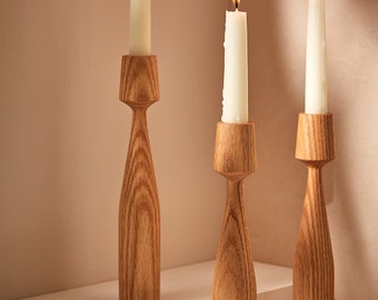 Oak wood candleholder set of 3 Albert Handturned Wood Candlesticks for hygge decor. Minimalist candle holder for table decor