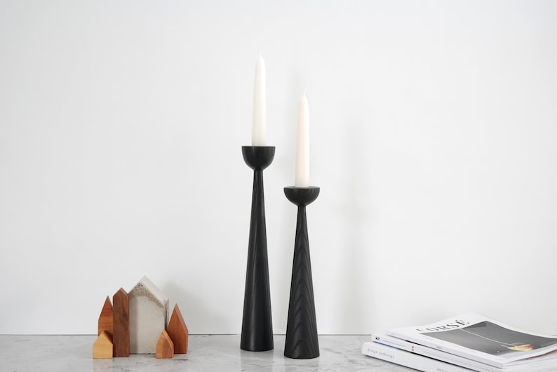 two candle holders black ash wood mid century modern scandinavian minimalist Victoria set of 2 duo candlestick