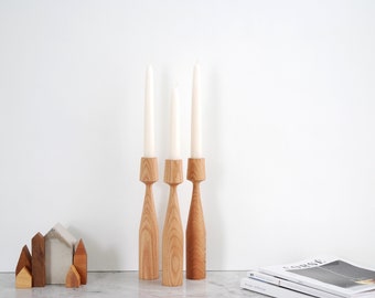 Oak set of 3 candle holder Handturned Wood Candlesticks for hygge decor Minimalist candle holder for table decor Scandinavian