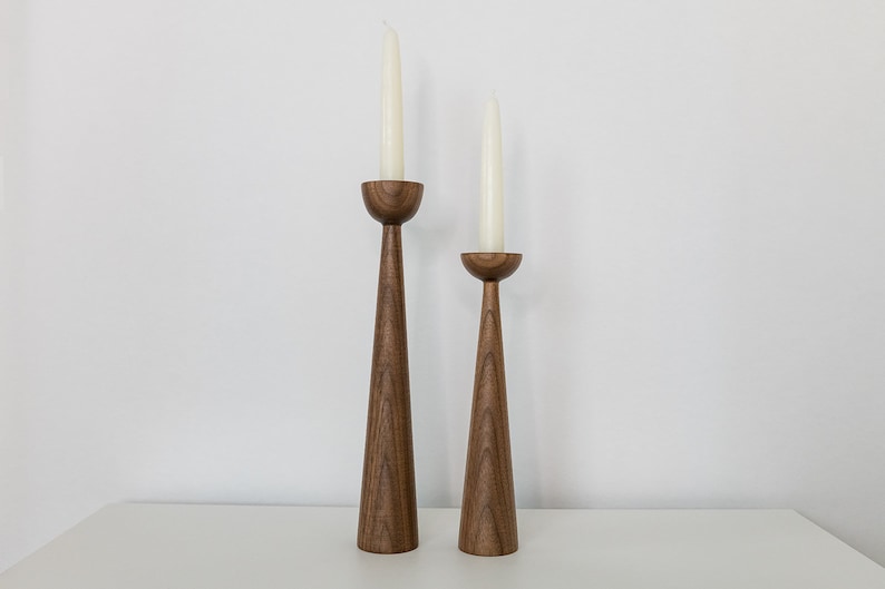 Victoria Walnut set of 2 Handturned Minimalist Wood Candlestick Candle holder Hygge Scandinavian Mid-Century Modern Mother's Day Handmade image 4