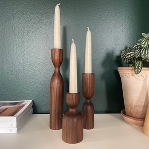 set of 3 wlanut wood candle holder candlesticks mid century modern scandinavian style minimalist hygge wedding gift