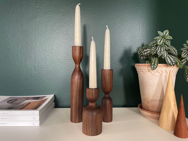 set of 3 wlanut wood candle holder candlesticks mid century modern scandinavian style minimalist hygge wedding gift