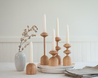 Handturned Wood Candlestick Set of five: Scandinavian Minimalist Home Decor Gisele Collection Deluxe giftset