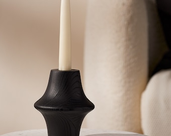 The Townships Collection Mt. Victoria Candle Holders Black Ash Wooden Candlestick Minimalist Handturned Wood Scandinavian Mid-century Hygge