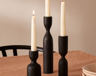 Black Ash Wood Candlestick Set: Scandinavian Minimalist Decor
