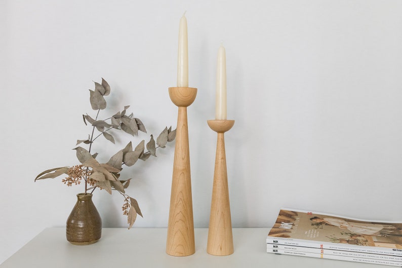 Victoria Maple set of 2 Handturned Minimalist Wood Candlestick Candle holder Mid-century Modern Scandinavian Mother's Day Hygge Simple image 3