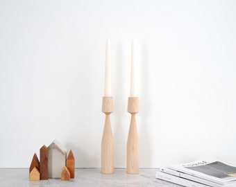 Maple Wood candleholder set of 2 Albert Handturned Wood Candlesticks for hygge decor. Minimalist candle holder for table decor