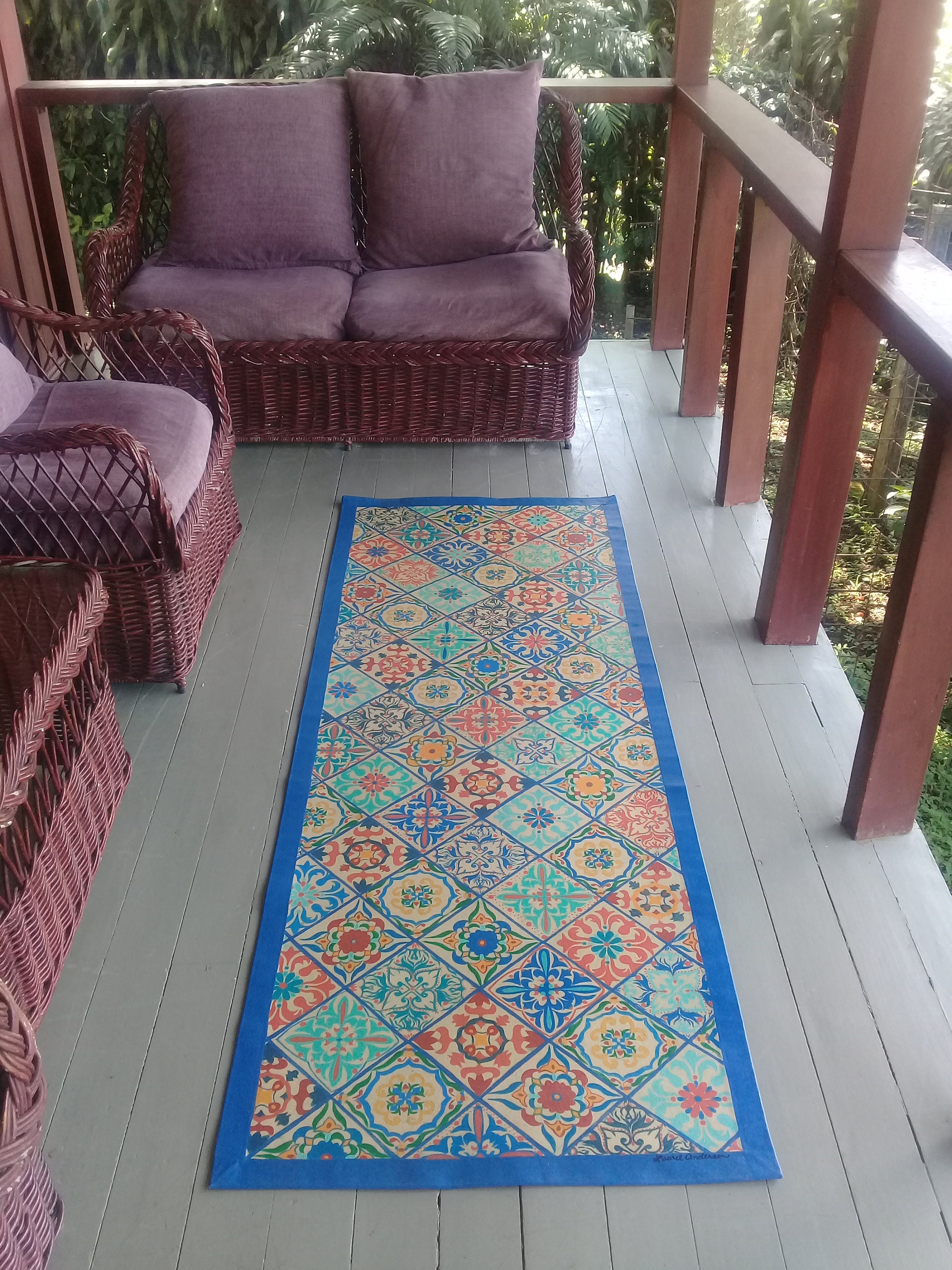 Hand Painted Tile Canvas Runner Rug Canvas Floor Cloth Blue, Orange