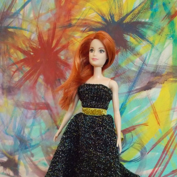 Black Sparkly Doll Gown, Prom Dress, Goth Princess Dress, Party Dress for !1.5 inch Fashion Dolls