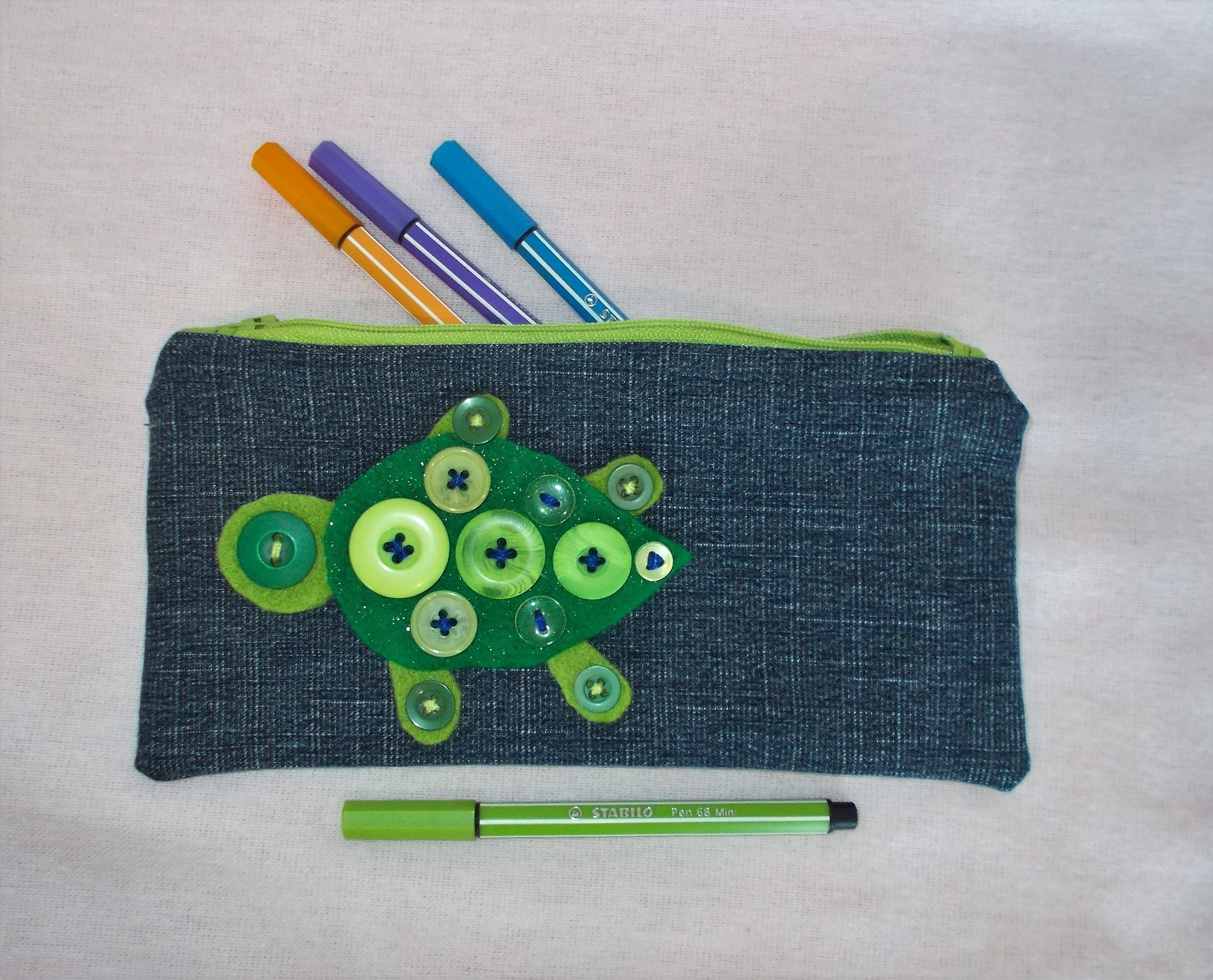 Recycled Jean Pencil Case With a Button Art Turtle Etsy UK