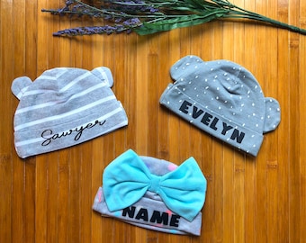 Baby hats with names - baby hats with bows - knotted baby hat - Newborn baby hats - Personalized baby hats - baby shower gifts - Baby hats