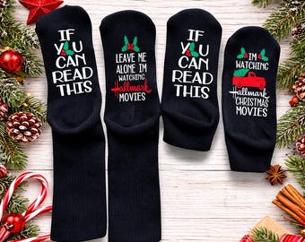 Funny Christmas Movie Night Socks, If You Can Read This Socks, Cozy Holiday Gift, Leave Me Alone Watching Movies Socks, Stocking Stuffers
