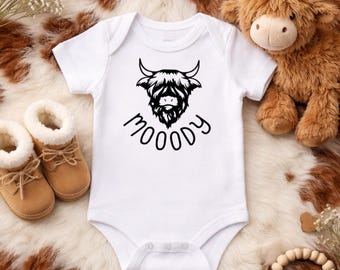 Moody Highland Cow Baby Onesie®, Western Baby Outfit, Boho Farm Baby Clothes, Country Baby Gift, Cow Print Baby Clothes, Neutral Baby Outfit