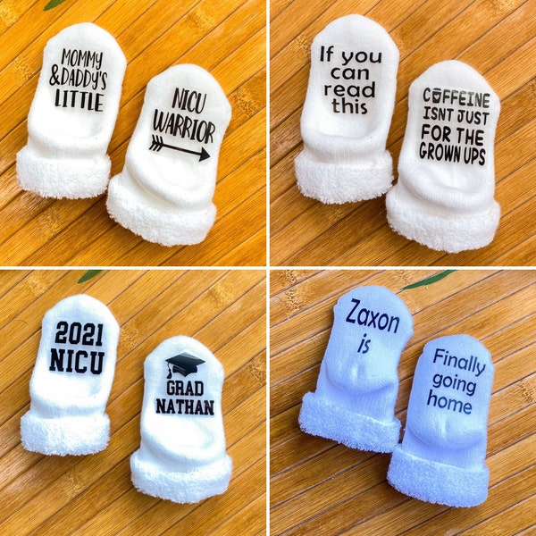 If you can read this socks - baby socks - peace out NICU - nicu going home outfit - going home with my parents - preemie baby - nicu gift