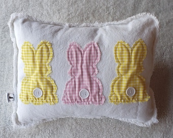 3 Bunnies Pillow Cover, Yellow and White  Plaid/Pink and White on White Raw Edge Applique Rag Style 16 x 12 Pillow Cover