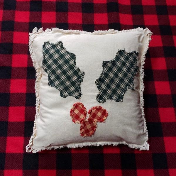 Christmas Pillow, Holly and Berries on Natural Denim Raw Edge Applique 12x12 Pillow Cover, Holly Pillow Cover