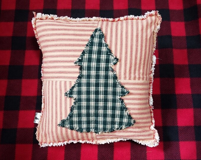 Pine Tree Pillow Cover, Green Plaid Tree on Red Pillow Ticking Rag