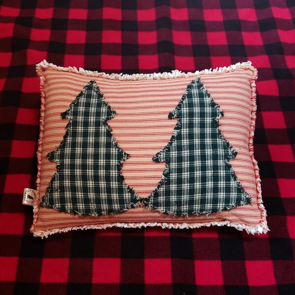Double Pine Tree Pillow Cover, Double Pine Trees Homespun on Red Ticking Applique Rag Style 16 x 12 Pillow Cover