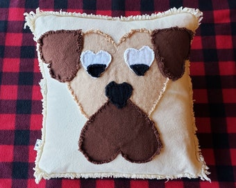 Puppy Love Tan with Brown Raw Edge Applique  16 x 16 Pillow Cover, Rustic, Valentine's Day, Pet or Dog Heart Pillow Cover