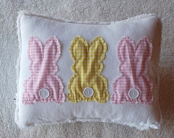 3 Bunnies Pillow Cover, Pink and White  Plaid/Yellow and White on White Raw Edge Applique Rag Style 16 x 12 Pillow Cover