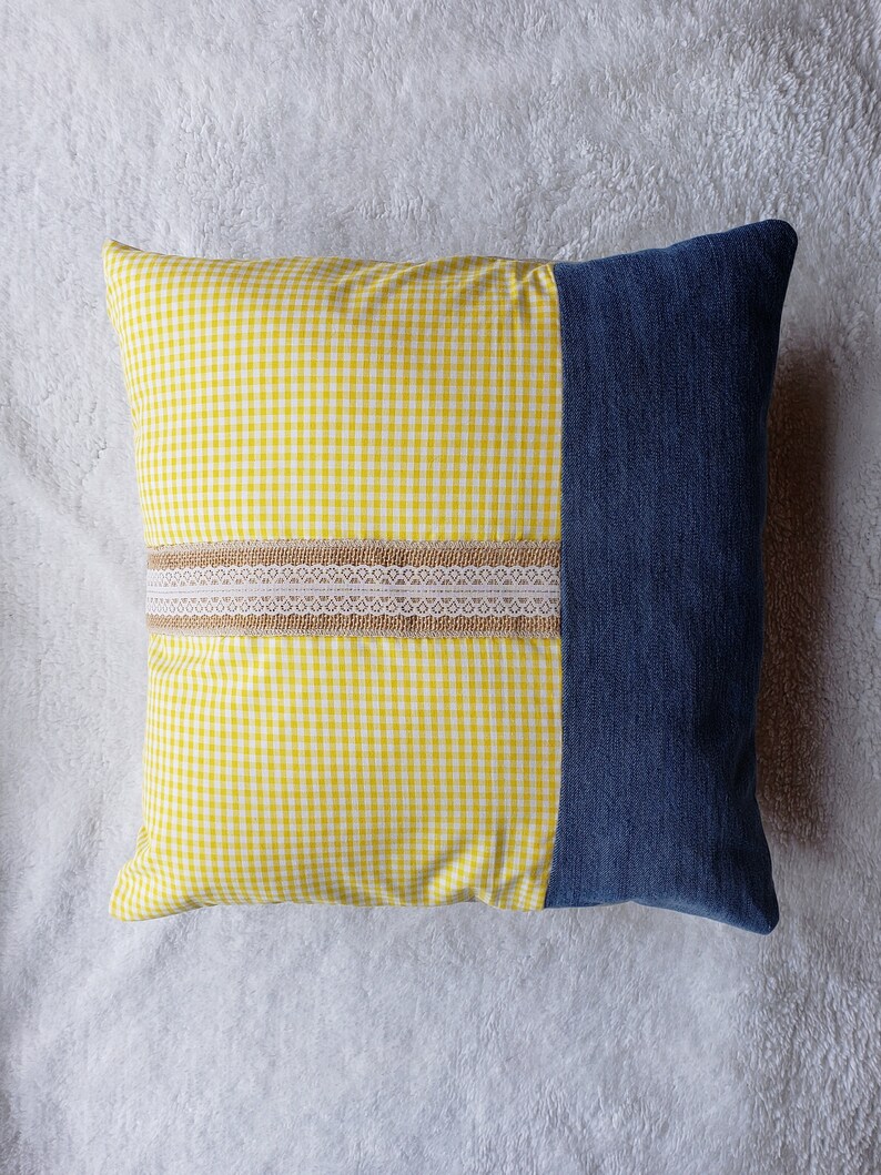 Yellow Gingham Burlap with Lace and Denim 16 x 16 Inch Pillow Etsy