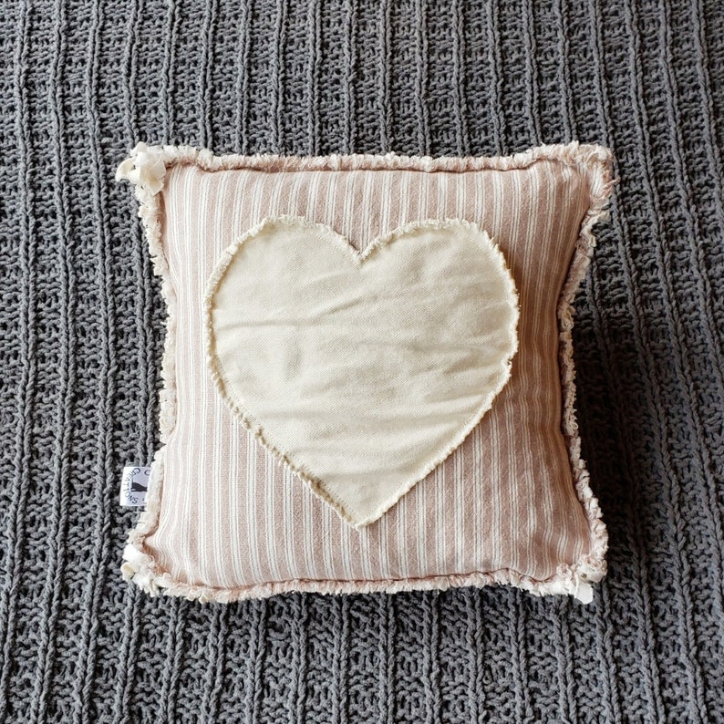 Heart Pillow Cover Natural Denim Heart on Tan and Natural Homespun Raw Edge Applique 12x12 Pillow Cover