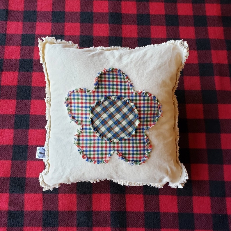 Blue Plaid Flower Pillow Cover; Summer Porch Pillow Green and Red Small Plaid Flower Raw Edge Applique 14x14 Pillow Cover Blue