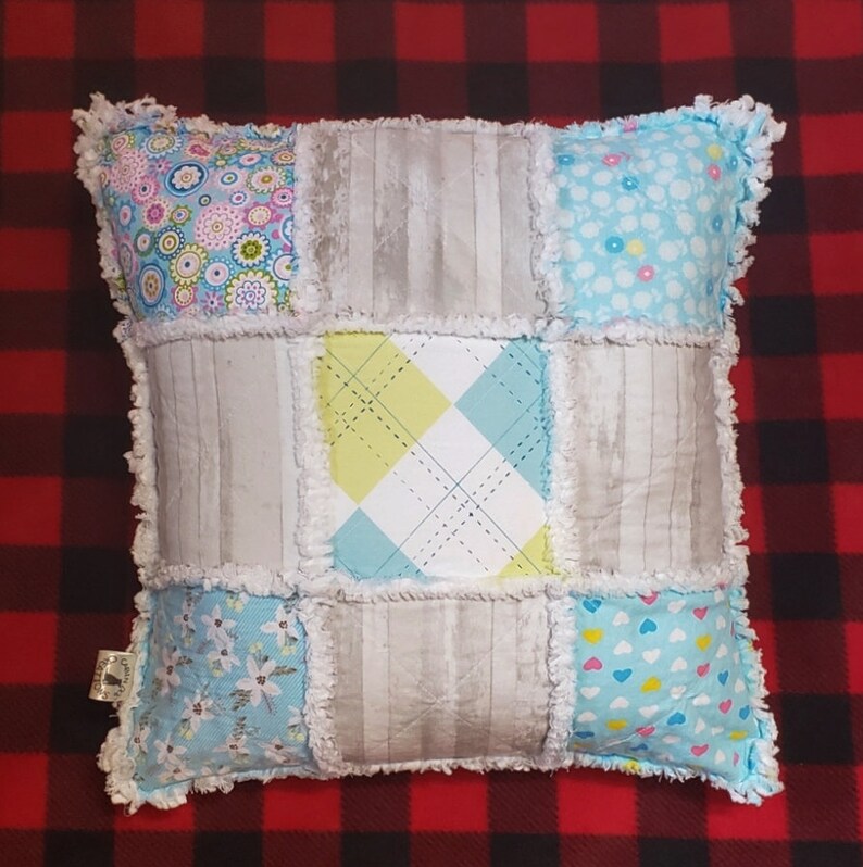 Blue Mixed Pattern Rag Quilt 16 X 16 Pillow Cover Cottage Etsy
