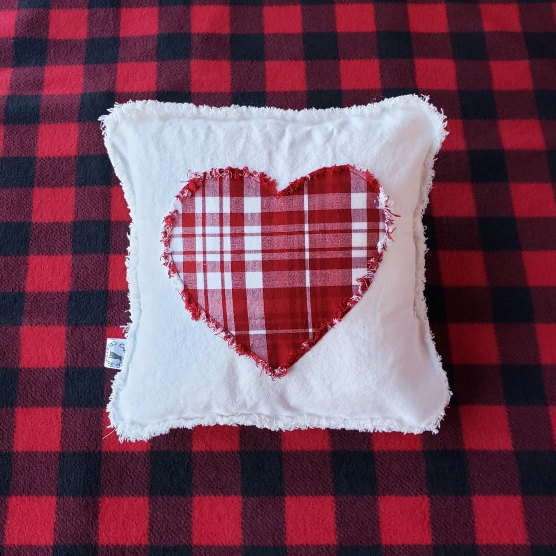 Red Large Plaid Heart Rag Quilt Applique 12x12 Pillow Cover Etsy