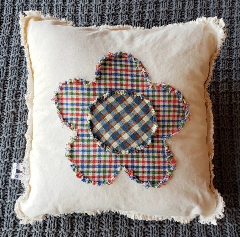 Blue Plaid Flower Pillow Cover; Summer Porch Pillow Green and Red Small Plaid Flower Raw Edge Applique 14x14 Pillow Cover Blue