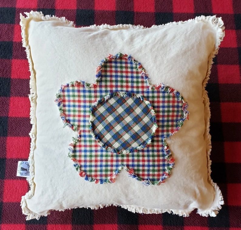 Blue Plaid Flower Pillow Cover; Summer Porch Pillow Green and Red Small Plaid Flower Raw Edge Applique 14x14 Pillow Cover Blue